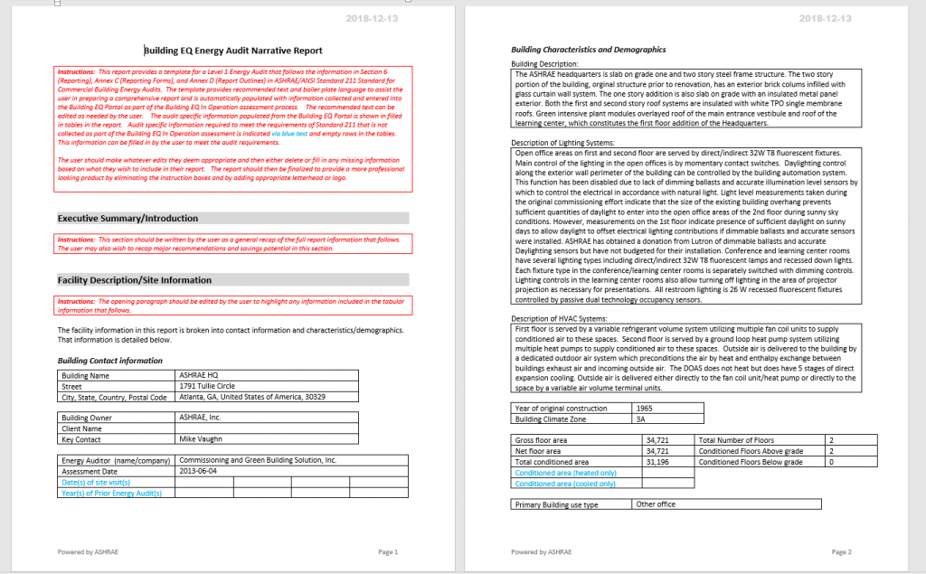 ASHRAE Building EQ Narrative Report